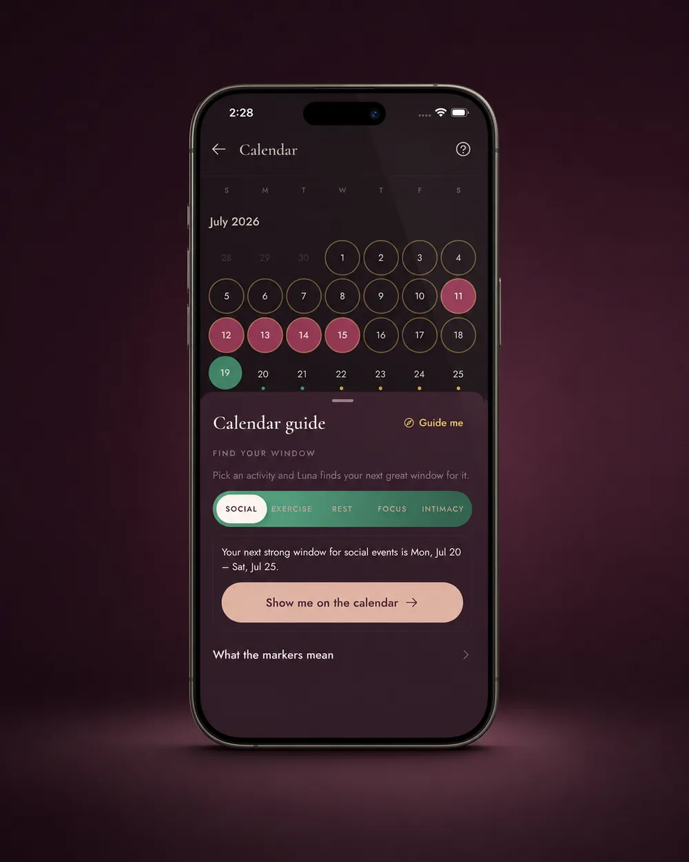 Luna calendar screen showing the month mapped into cycle phases